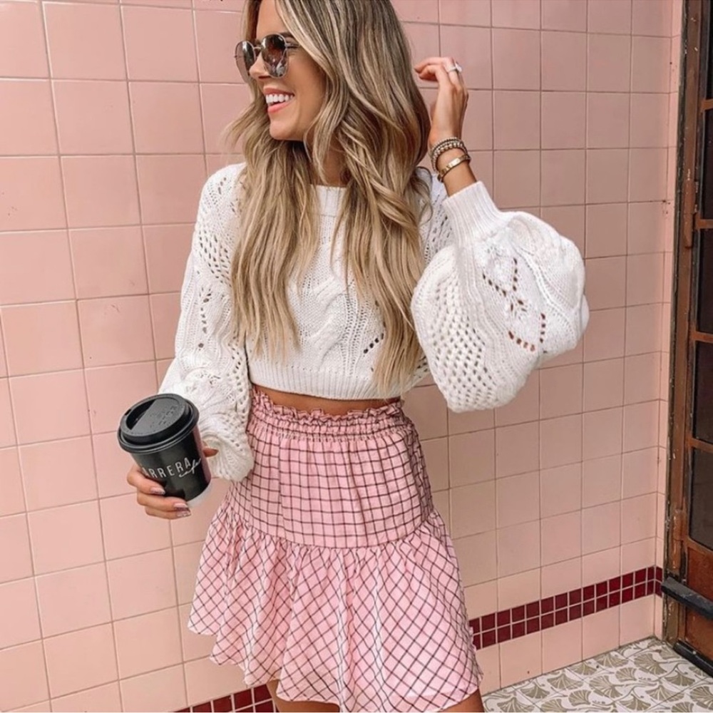 Topshop pink black plaid check shirred flare swing ruffled miniskirt 4 XS S